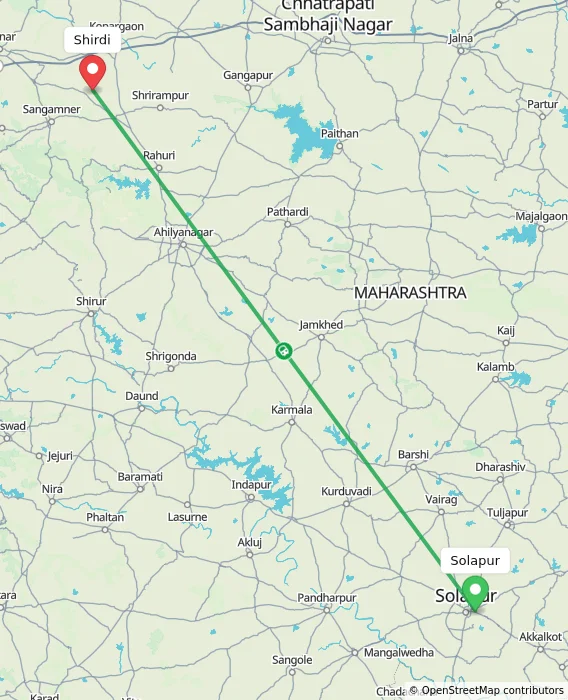 Route map showing distance and travel time from Solapur, India to Shirdi, India