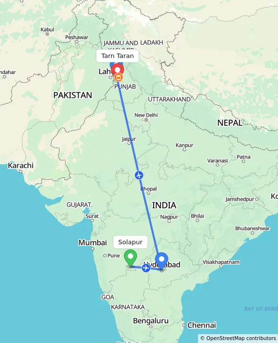 Route map showing distance and travel time from Solapur, India to Tarn Taran, India