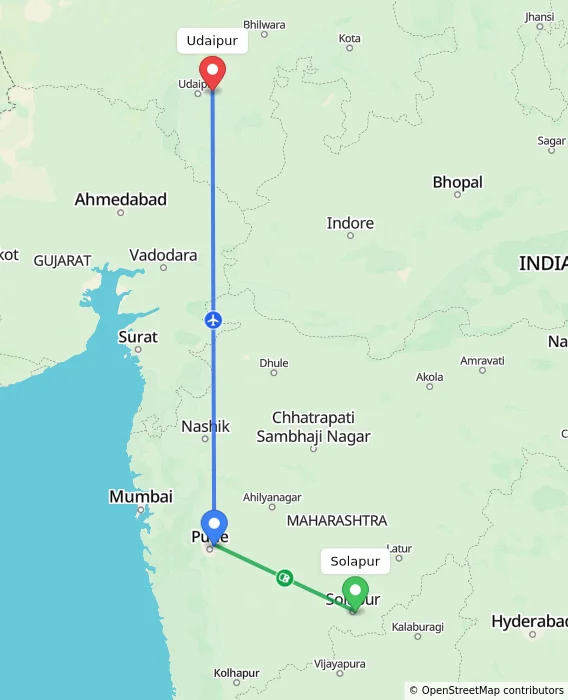 Route map showing distance and travel time from Solapur, India to Udaipur, India