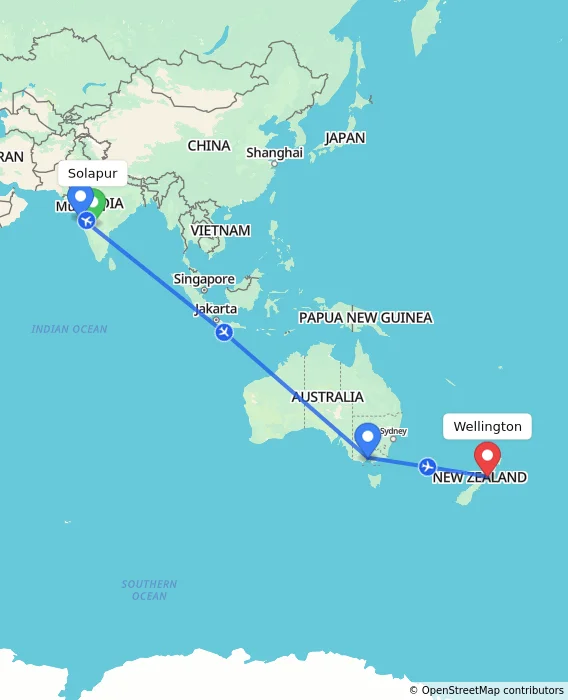 Route map showing distance and travel time from Solapur, India to Wellington, New Zealand