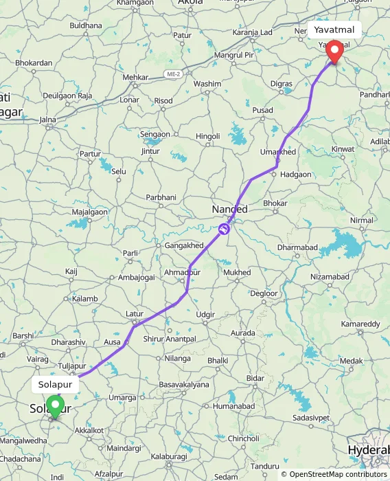 Route map showing distance and travel time from Solapur, India to Yavatmal, India