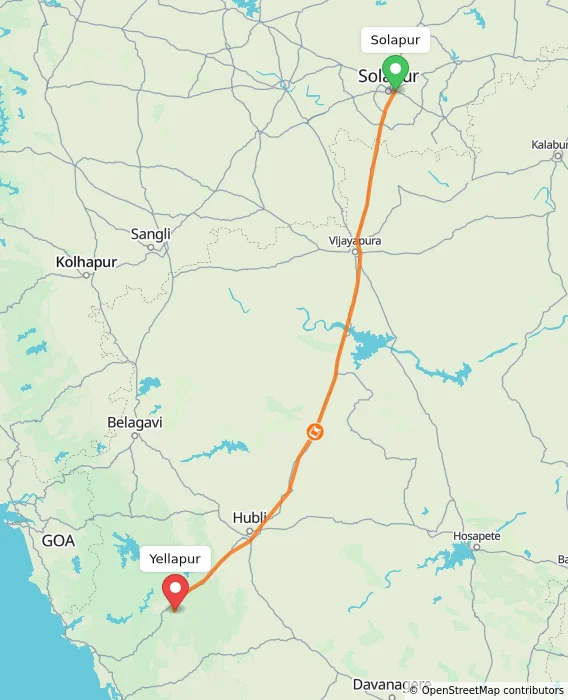 Route map showing distance and travel time from Solapur, India to Yellapur, India