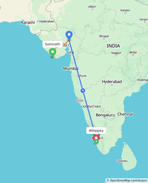 Route map showing distance and travel time from Somnath, India to Alleppey, India