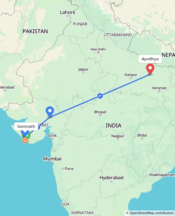 Route map showing distance and travel time from Somnath, India to Ayodhya, India