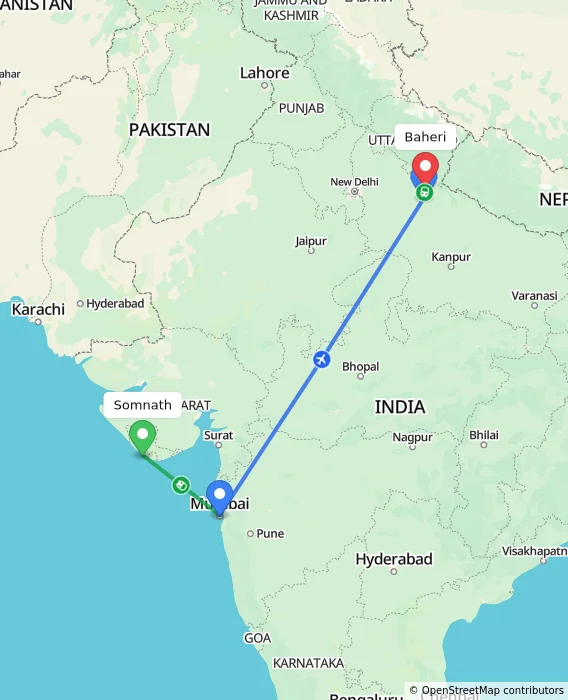 Route map showing distance and travel time from Somnath, India to Baheri, India