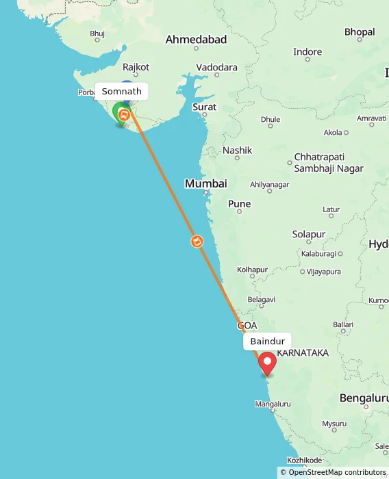 Route map showing distance and travel time from Somnath, India to Baindur, India