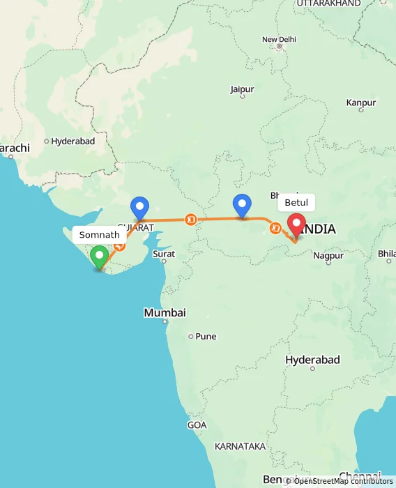 Route map showing distance and travel time from Somnath, India to Betul, India