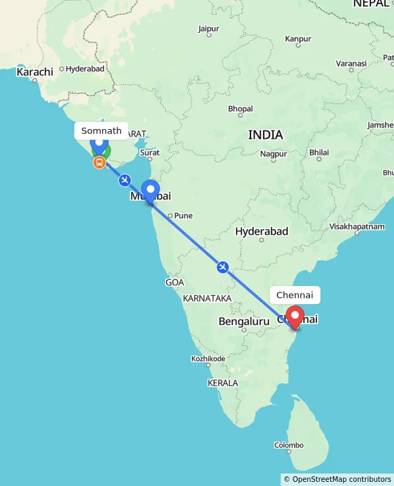 Route map showing distance and travel time from Somnath, India to Chennai, India
