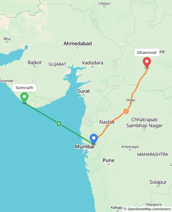 Route map showing distance and travel time from Somnath, India to Dhamnod, India