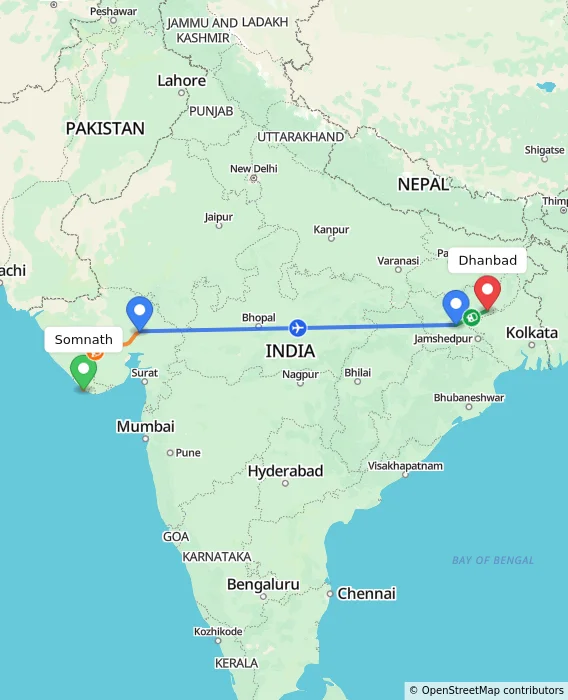 Route map showing distance and travel time from Somnath, India to Dhanbad, India