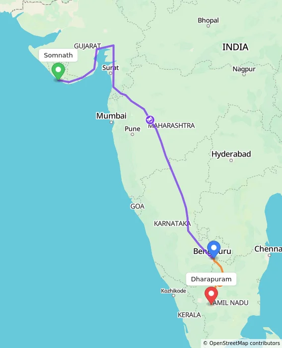 Route map showing distance and travel time from Somnath, India to Dharapuram, India