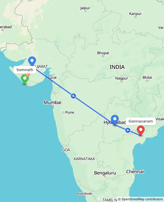 Route map showing distance and travel time from Somnath, India to Gannavaram, India