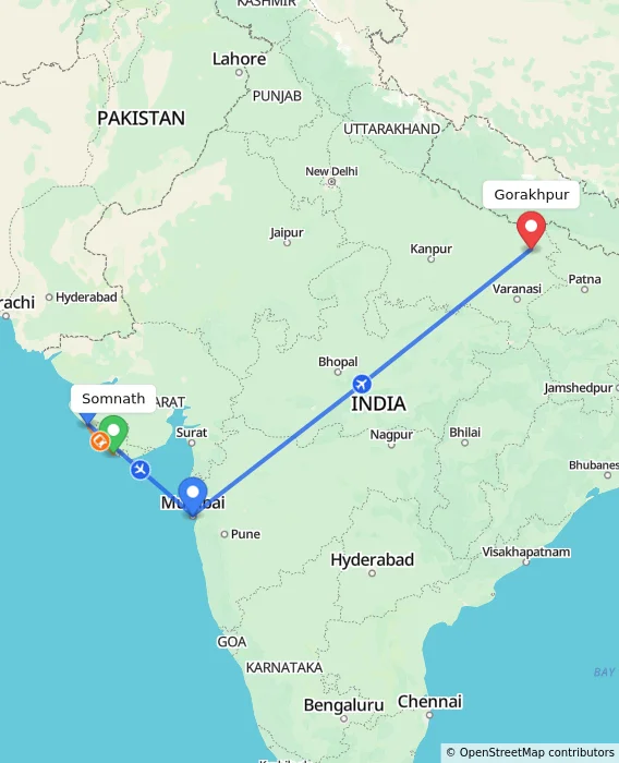 Route map showing distance and travel time from Somnath, India to Gorakhpur, India