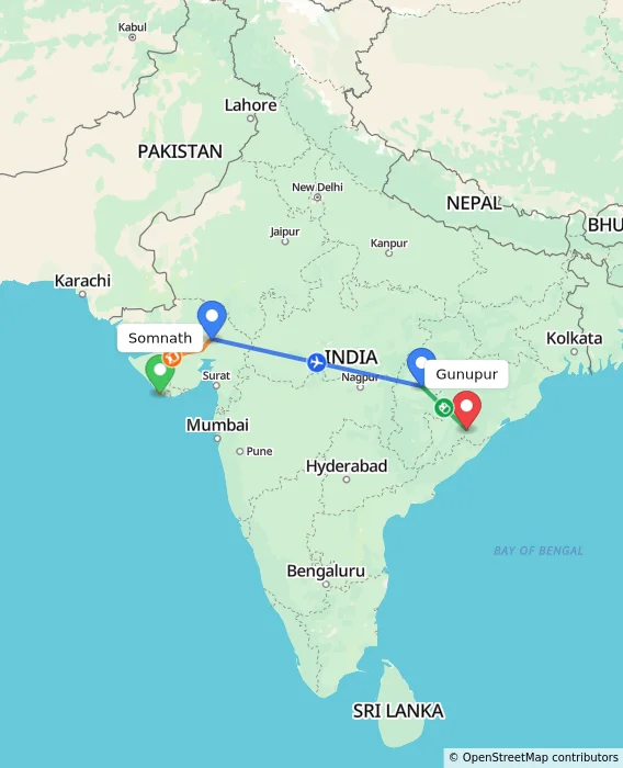 Route map showing distance and travel time from Somnath, India to Gunupur, India