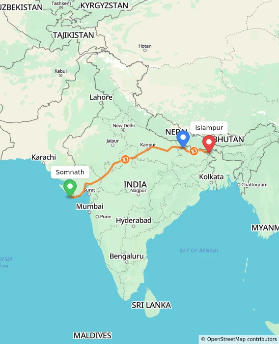 Route map showing distance and travel time from Somnath, India to Islampur, India