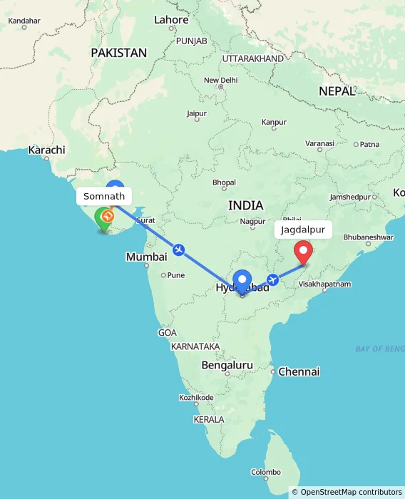 Route map showing distance and travel time from Somnath, India to Jagdalpur, India