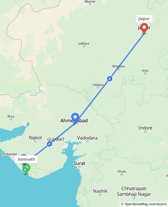 Route map showing distance and travel time from Somnath, India to Jaipur, India