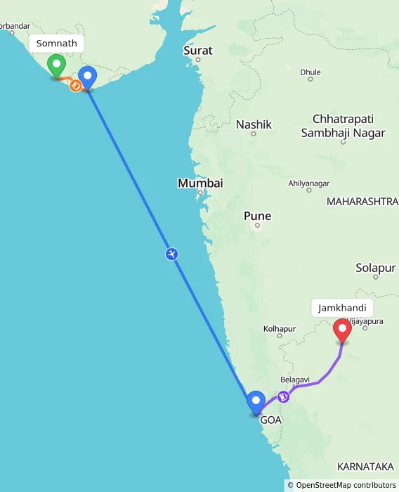 Route map showing distance and travel time from Somnath, India to Jamkhandi, India