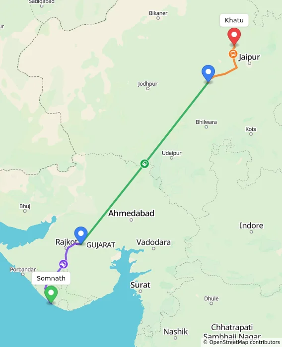 Route map showing distance and travel time from Somnath, India to Khatu, India