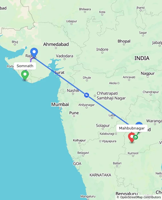 Route map showing distance and travel time from Somnath, India to Mahbubnagar, India