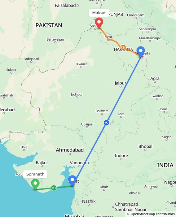 Route map showing distance and travel time from Somnath, India to Malout, India