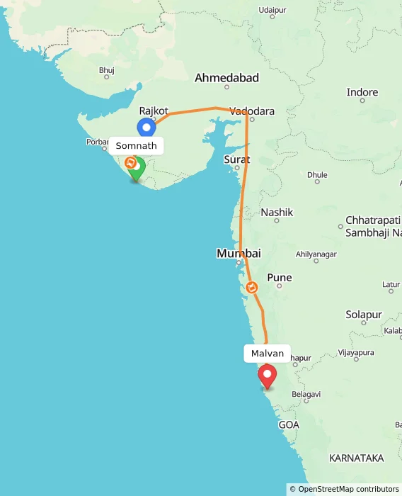 Route map showing distance and travel time from Somnath, India to Malvan, India