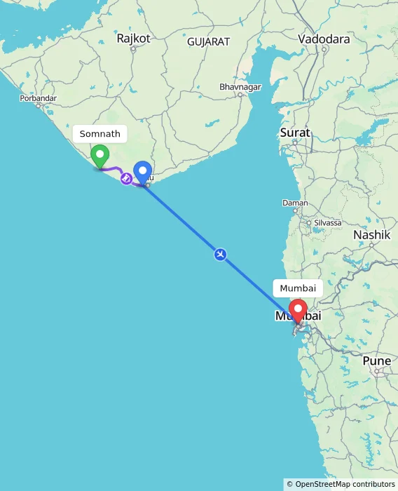 Route map showing distance and travel time from Somnath, India to Mumbai, India