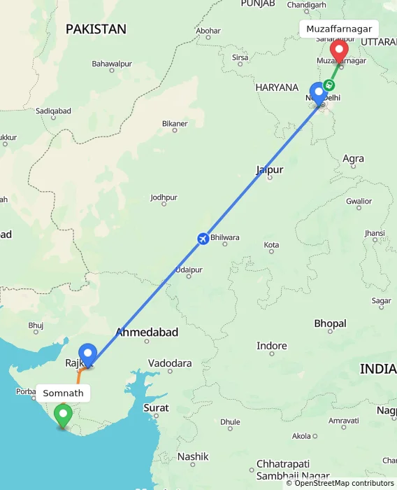 Route map showing distance and travel time from Somnath, India to Muzaffarnagar, India