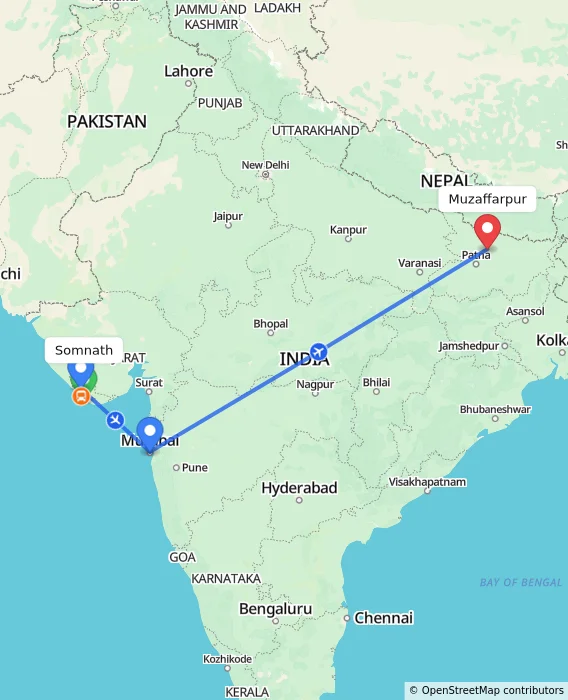 Route map showing distance and travel time from Somnath, India to Muzaffarpur, India