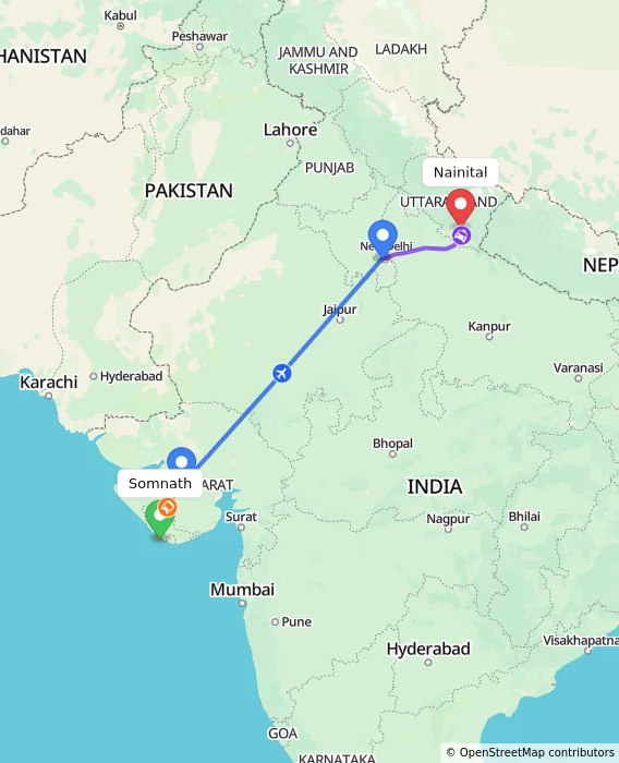 Route map showing distance and travel time from Somnath, India to Nainital, India