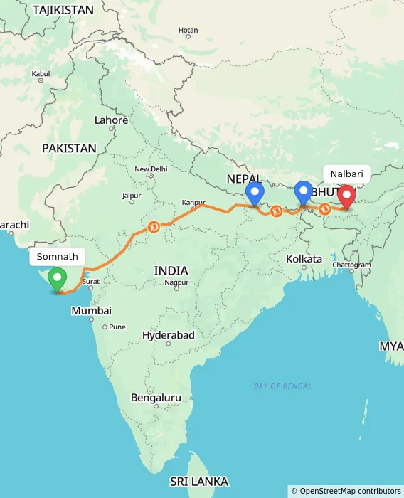 Route map showing distance and travel time from Somnath, India to Nalbari, India