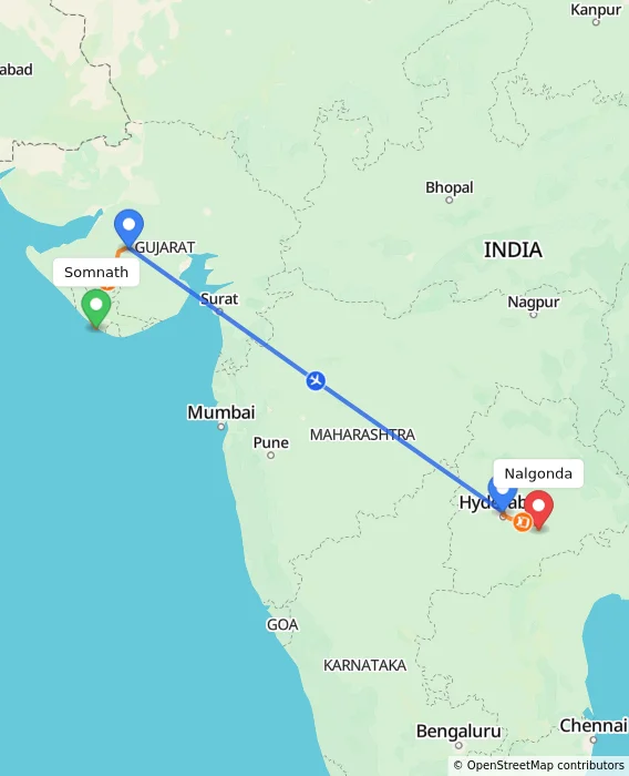 Route map showing distance and travel time from Somnath, India to Nalgonda, India