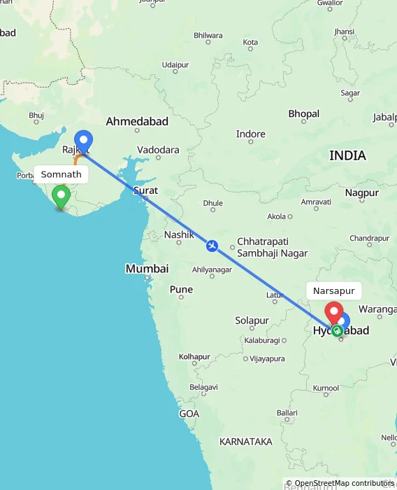 Route map showing distance and travel time from Somnath, India to Narsapur, India