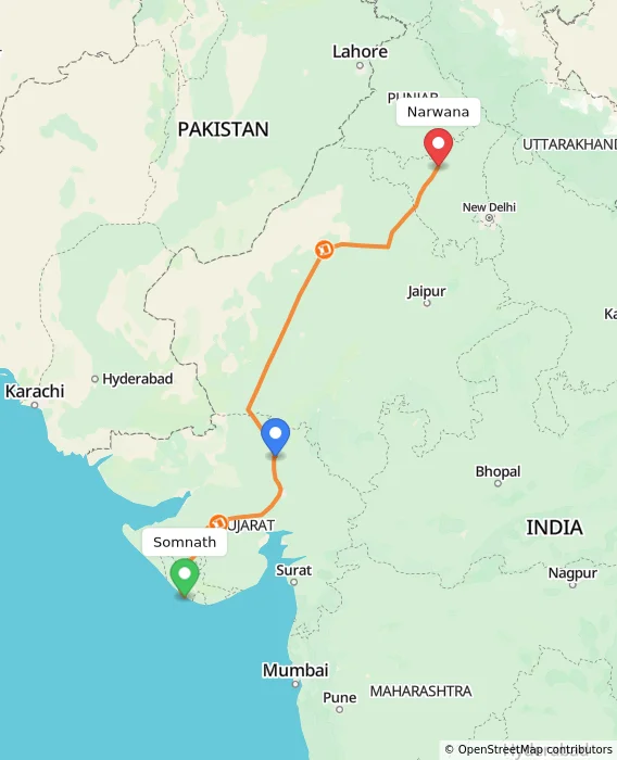 Route map showing distance and travel time from Somnath, India to Narwana, India