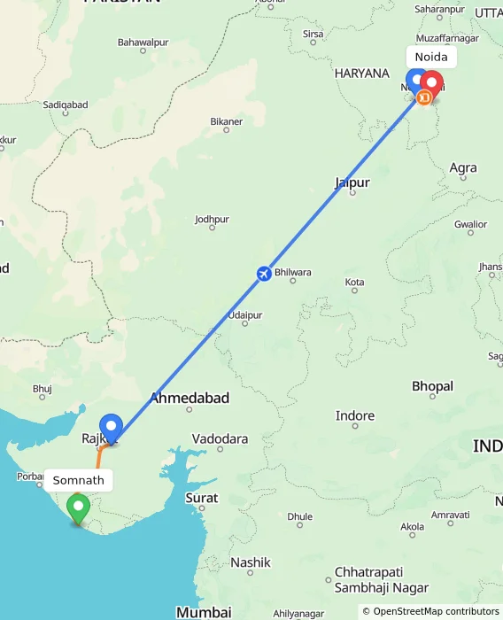 Route map showing distance and travel time from Somnath, India to Noida, India