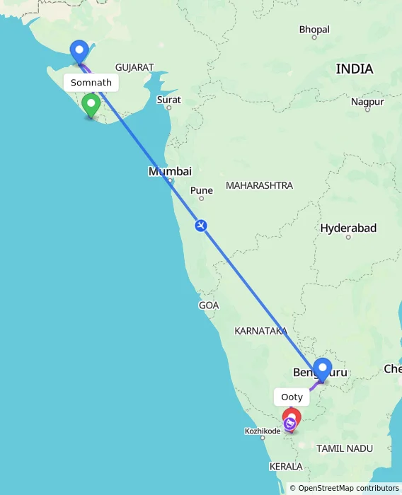 Route map showing distance and travel time from Somnath, India to Ooty, India