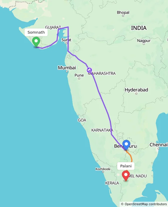 Route map showing distance and travel time from Somnath, India to Palani, India