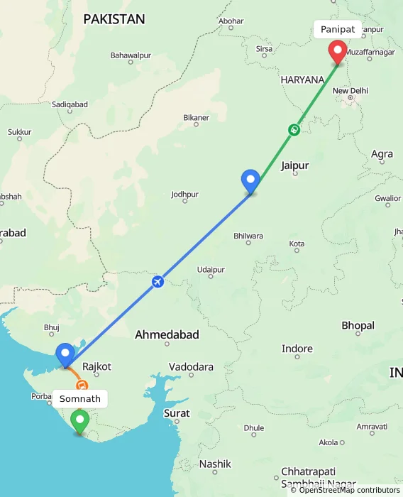 Route map showing distance and travel time from Somnath, India to Panipat, India