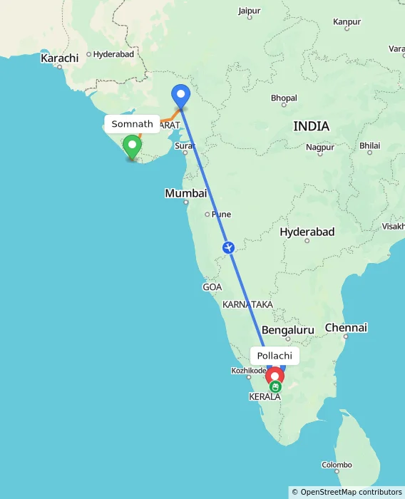 Route map showing distance and travel time from Somnath, India to Pollachi, India
