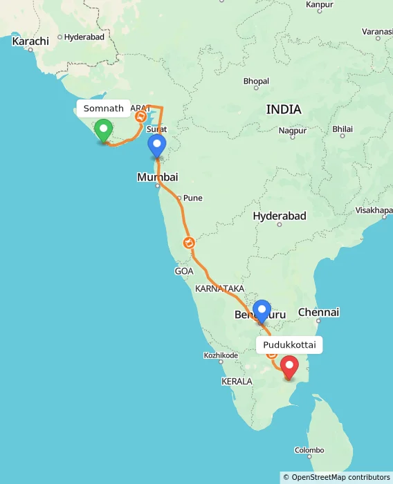 Route map showing distance and travel time from Somnath, India to Pudukkottai, India