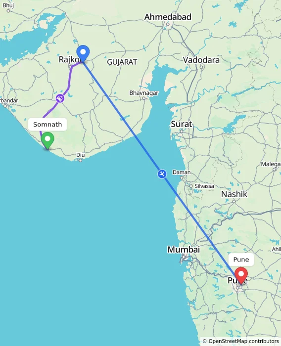 Route map showing distance and travel time from Somnath, India to Pune, India