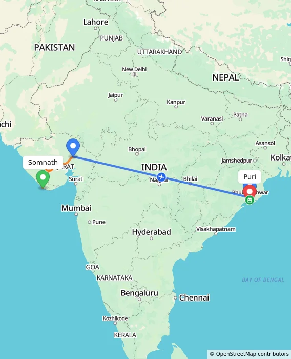 Route map showing distance and travel time from Somnath, India to Puri, India