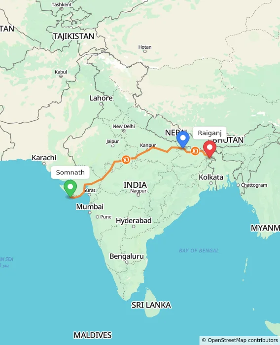 Route map showing distance and travel time from Somnath, India to Raiganj, India