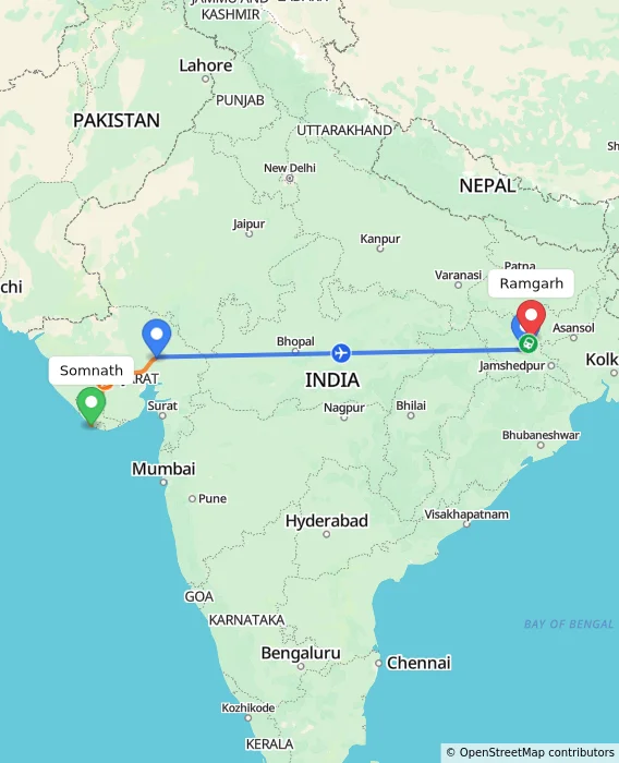 Route map showing distance and travel time from Somnath, India to Ramgarh, India