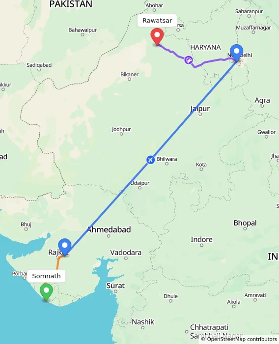 Route map showing distance and travel time from Somnath, India to Rawatsar, India
