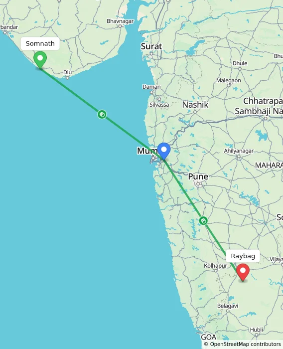 Route map showing distance and travel time from Somnath, India to Raybag, India