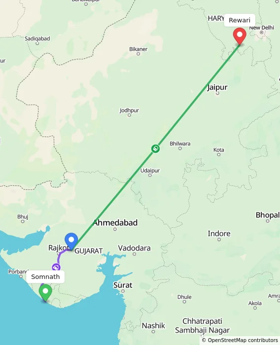 Route map showing distance and travel time from Somnath, India to Rewari, India