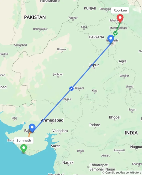 Route map showing distance and travel time from Somnath, India to Roorkee, India