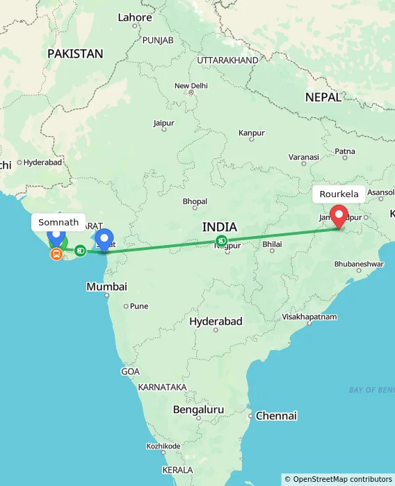 Route map showing distance and travel time from Somnath, India to Rourkela, India
