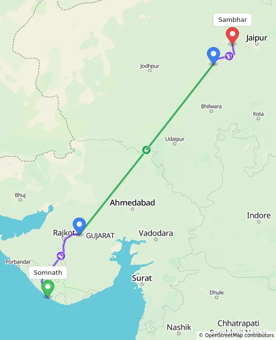 Route map showing distance and travel time from Somnath, India to Sambhar, India